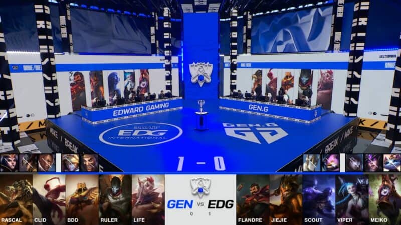 A screenshot from the 2021 World Championship Main Event Semifinals broadcast, showing the Game Two champion drafts between Edward Gaming and Gen.G with a shot of the teams on the Worlds 2021 stage above.