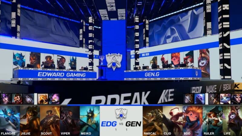 A screenshot from the 2021 World Championship Main Event Semifinals broadcast, showing the Game Three champion drafts between Edward Gaming and Gen.G with a shot of both teams on the Worlds 2021 stage above.