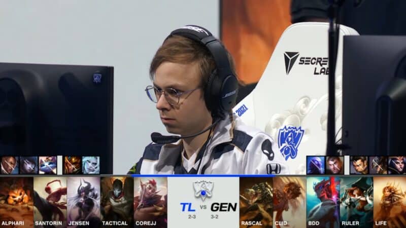 A screenshot from the 2021 World Championship Main Event Group Stage broadcast, showing the champion drafts between Gen.G and Team Liquid with a shot of TL mid laner Jensen above.