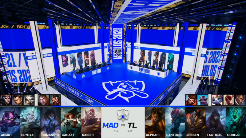 A screenshot from the 2021 World Championship Main Event Group Stage broadcast, showing the champion drafts between MAD Lions and Team Liquid with a shot of the teams on the 2021 Worlds stage above.