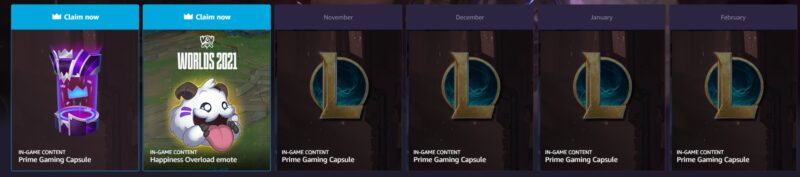 A barra de caixa mensal mostra as recompensas atuais do Prime Gaming LoL e possui marcadores básicos para recompensas futuras.