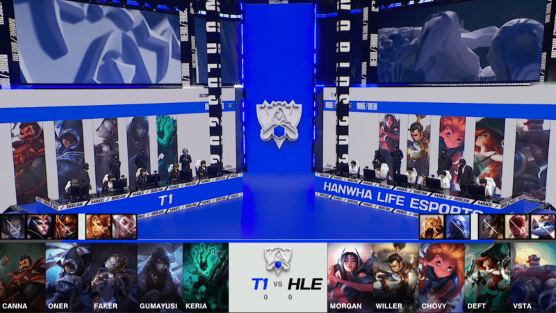 Capturas de tela da transmissão das quartas de final do Main Event do Campeonato Mundial de 2021. Ele mostra um rascunho do campeão do Game One entre Hanwha Life e T1 e uma foto de T1 e HLE na etapa 2021 do mundo acima.