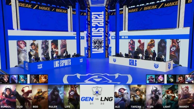 A screenshot from the 2021 World Championship Main Event Group Stage broadcast, showing the champion drafts between Gen.G and LNG Esports with a shot of the teams on the 2021 Worlds stage above.